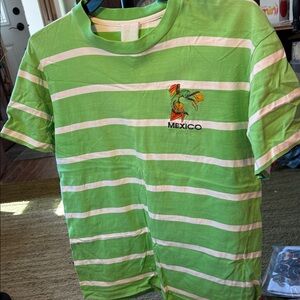 Vintage Green & White Striped Mexico Embroidered Tee